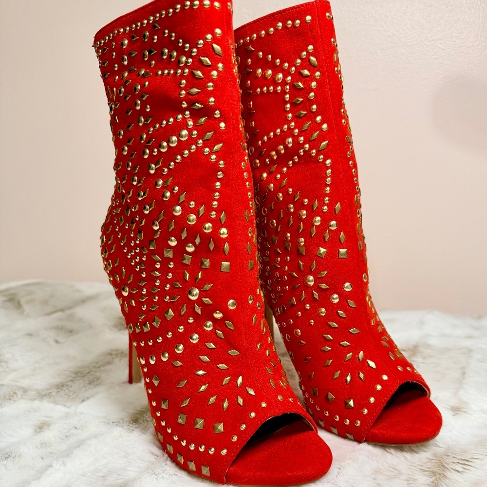 Liliana Stunning Red Gold Studded 4.75" High Heel Ankle Boot